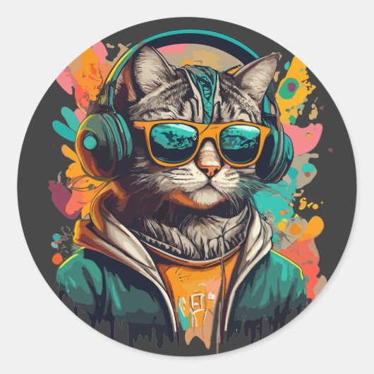 Cool Groovy Cat met hoofdtelefoon Luisteren naar m Ronde Sticker (Voorkant)