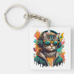 Cool Groovy Cat met hoofdtelefoon Luisteren naar m Sleutelhanger