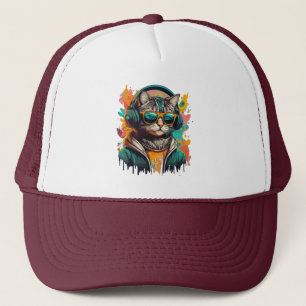 Cool Groovy Cat met hoofdtelefoon Luisteren naar m Trucker Pet