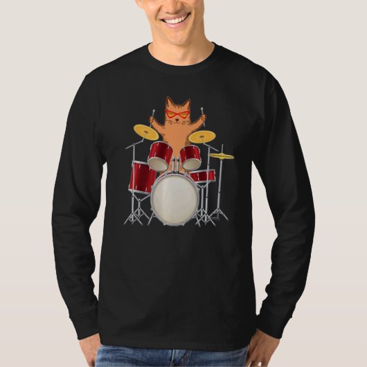 Cool Groovy Hippy Kitty Cat die zijn drumset speel T-shirt (Voorkant)