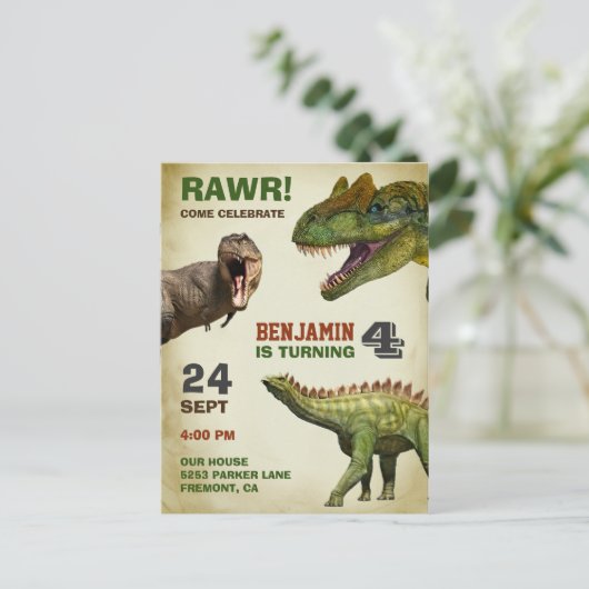 Cool Grote Dinosaurus Kids Verjaardagsfeest Uitnodiging Briefkaart (Staand voorkant)