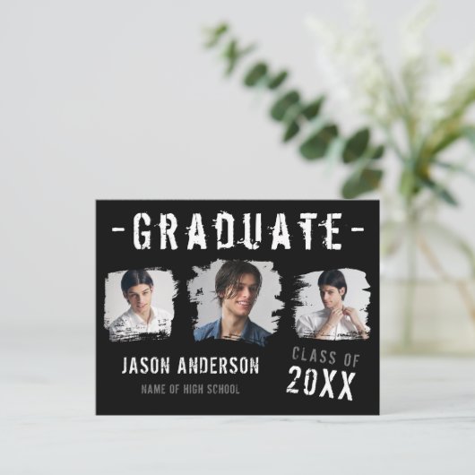Cool Grunge Black 3 Foto Afstuderen Aankondiging Briefkaart (Staand voorkant)