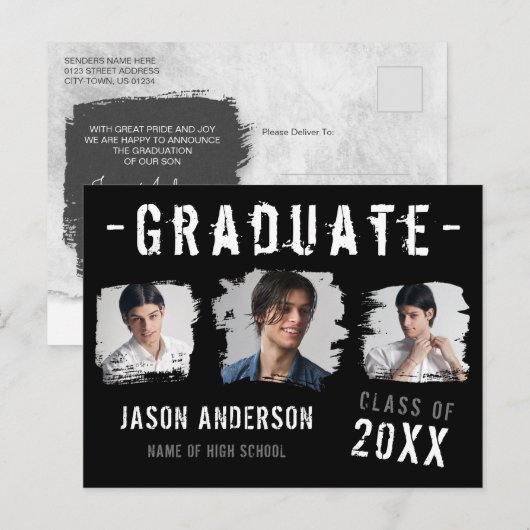 Cool Grunge Black 3 Foto Afstuderen Aankondiging Briefkaart (Voorkant / Achterkant)