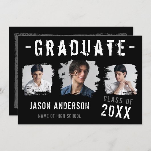 Cool Grunge Black 3 Photo Afstuderen Aankondiging (Voorkant / Achterkant)