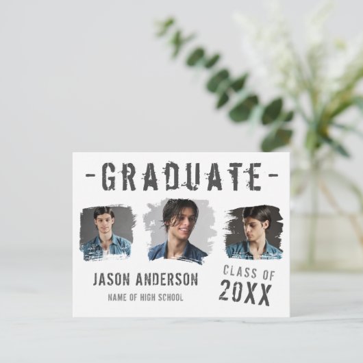 Cool Grunge White 3 Foto Afstuderen Aankondiging Briefkaart (Staand voorkant)