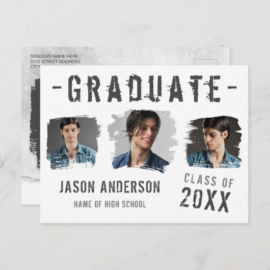Cool Grunge White 3 Foto Afstuderen Aankondiging Briefkaart (Voorkant / Achterkant)