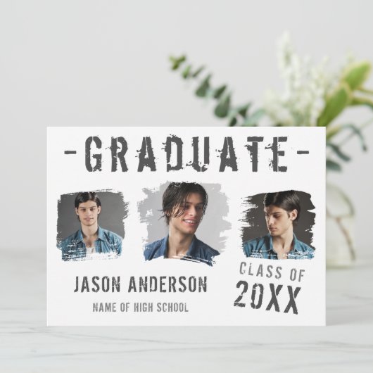 Cool Grunge White 3 Photo Afstuderen Aankondiging (Staand voorkant)