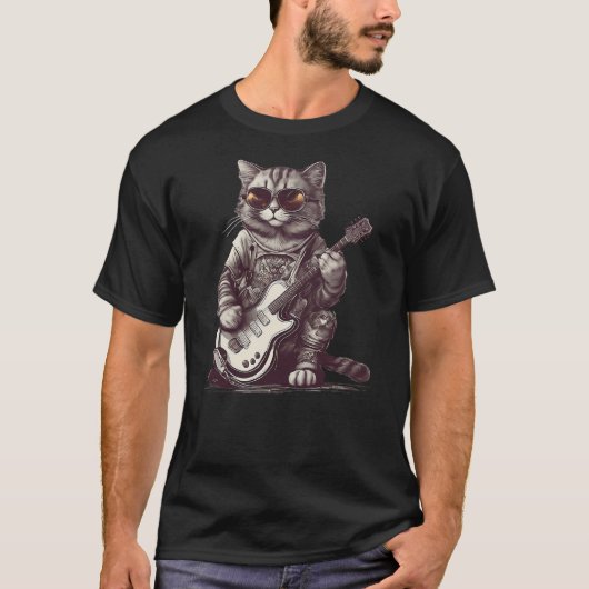 Cool Guitar Playing Cat with Glasses - Band Rock G T-shirt (Voorkant)