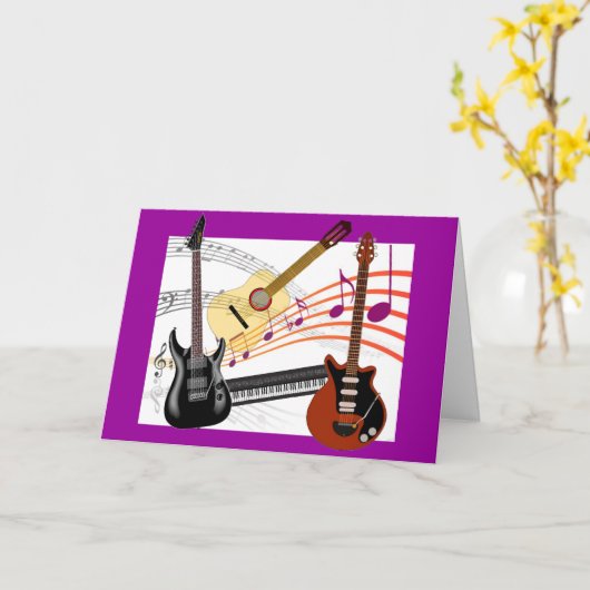 Cool Guitars Toetsenbord en Muzieknoten Verjaardag Kaart (Gele Bloem)