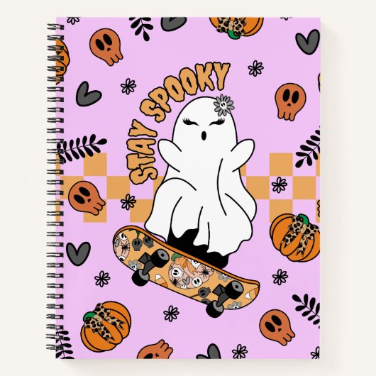 Cool Halloween Ghost op Skateboard Sinaasappel Notitieboek (Voorkant)