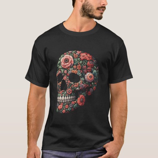 Cool Halloween schedel in bloemenkunst stijl Hallo T-shirt (Voorkant)