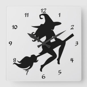 Cool Halloween Witch Riding haar Broom Silhouette Vierkante Klok