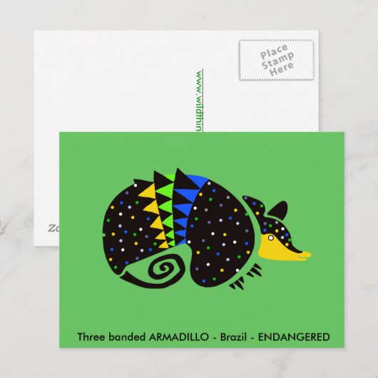Cool handgetekende ARMADILLO -Dierenvriend -Groen Briefkaart (Voorkant / Achterkant)