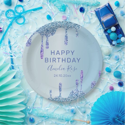 Cool Happy Birthday Glitter Druppelt Blauw Metalli Papieren Bordje (Feest)