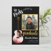 Cool He Rocks Afstuderen foto Modern Black Gold Aankondiging (Staand voorkant)