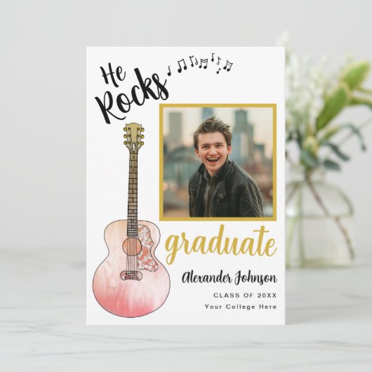 Cool He Rocks Afstuderen foto Modern Gold Aankondiging (Staand voorkant)