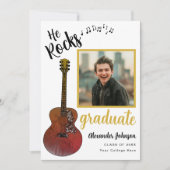 Cool He Rocks Afstuderen foto Modern Zwart en Goud Aankondiging (Voorkant)
