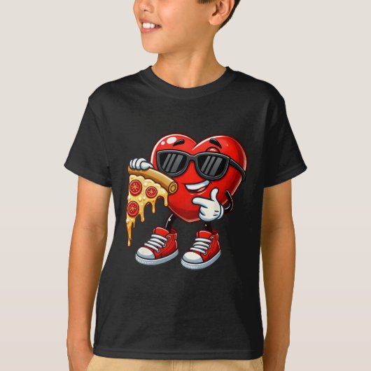 Cool Heart Eating Pizza Valentine Funny Kids Febru T-shirt (Voorkant)