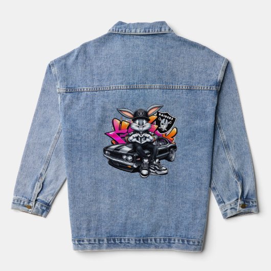 Cool Hip Hop Konijn Grafische Denim Jas Jacket (Achterkant)