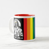 Cool Hippie Gay Pride Jesus Thumbs up Tweekleurige Koffiemok (Voorkant links)