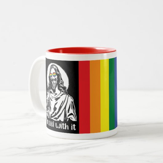Cool Hippie Gay Pride Jesus Thumbs up Tweekleurige Koffiemok (Voorkant links)