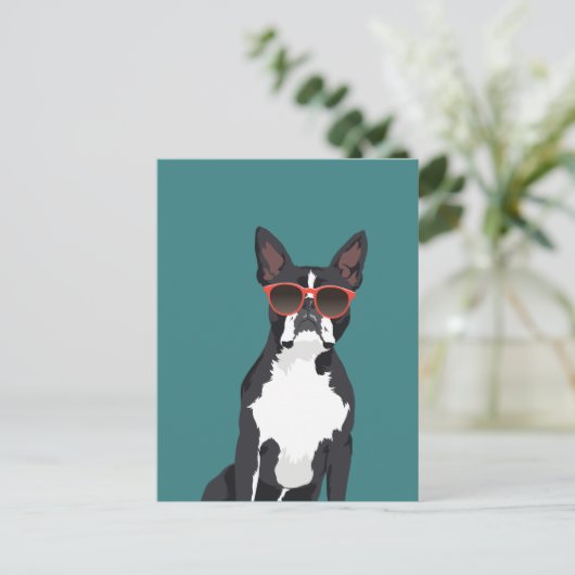 Cool Hipster Black en White Boston Terrier Briefkaart (Staand voorkant)