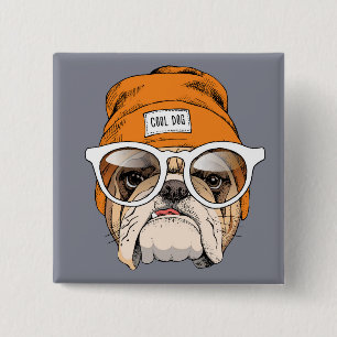 Cool Hipster Bulldog Vierkante Button 5,1 Cm