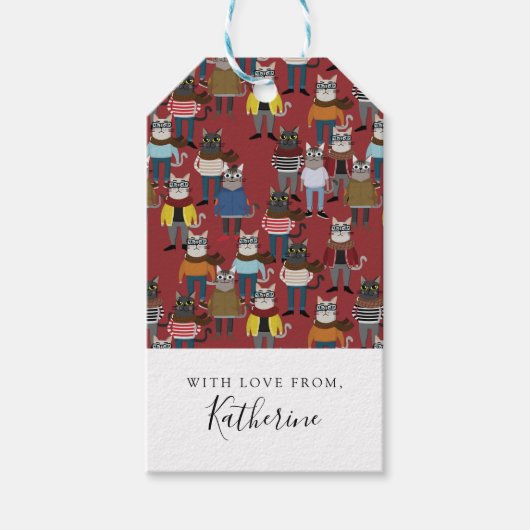 Cool Hipster kat patroon | Jouw namen toevoegen Cadeaulabel (Voorkant)