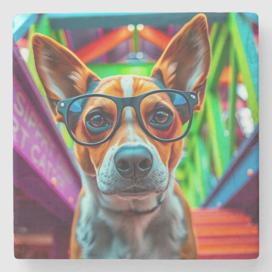 Cool hond met zonnebril stenen onderzetter (Voorkant)