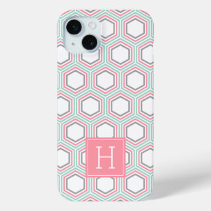 Cool Honeycomb Pattern en Coral Monogram iPhone 15 Mini Hoesje