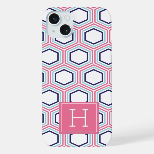 Cool honingraatpatroon en roze monogram iPhone hoesje (Achterkant)