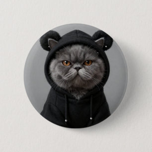 Cool Hoodie Kat Grumpy Grijze Katachtige Streetwea Ronde Button 5,7 Cm
