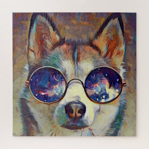 Cool Husky Dog die zonnebril draagt Jigzaag Puzzle Legpuzzel