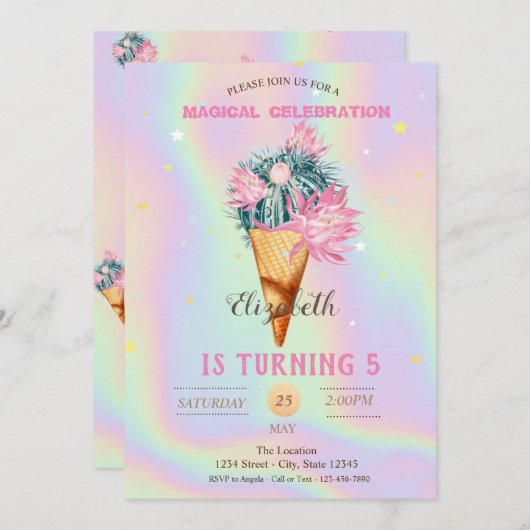 Cool Ice Cream Cactus Holografische Verjaardag Kaart (Voorkant / Achterkant)