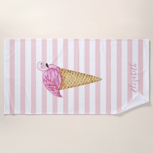 Cool Ice Cream Flamingo Roze Strepen Strandlaken (Voorkant)
