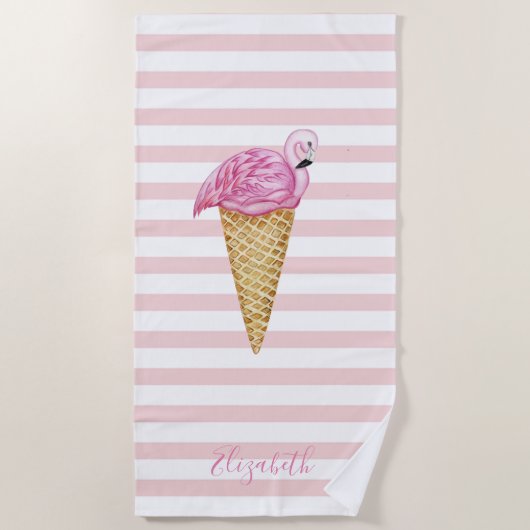 Cool Ice Cream Flamingo Roze Strepen Strandlaken (Voorkant)