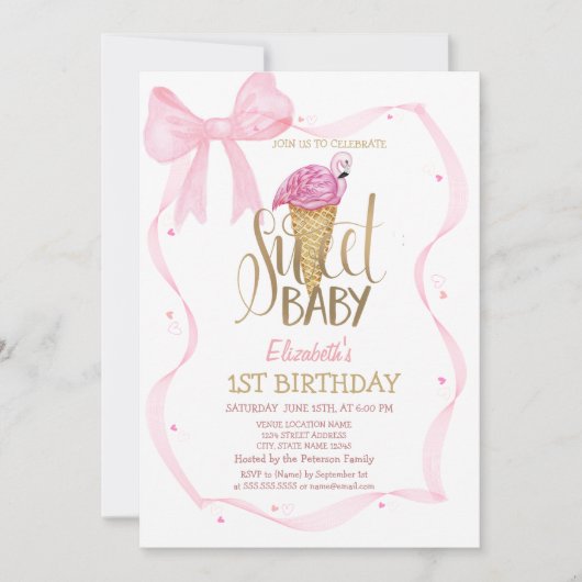 Cool Ice Cream Roze Flamingo Bow Gestreepte Verjaa Kaart (Voorkant)