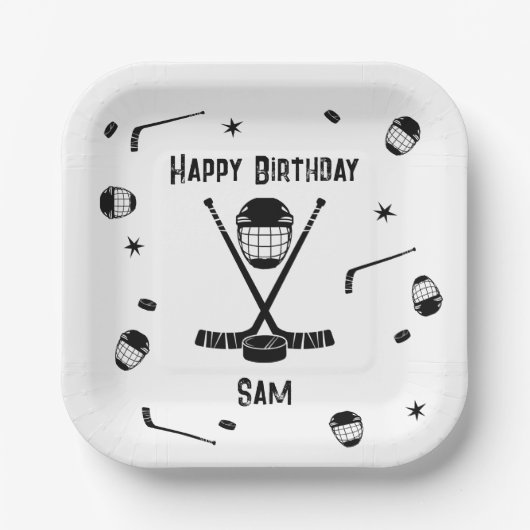 Cool Ice Hockey Zwart-wit Verjaardagsfeest Papieren Bordje (Voorkant)