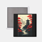 Cool Japanese Pagoda Castle Mountain Landscape Gra Magneet (Voorkant / Achterkant)