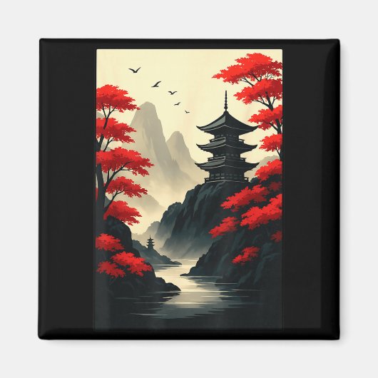 Cool Japanese Pagoda Castle Mountain Landscape Gra Magneet (Voorkant)
