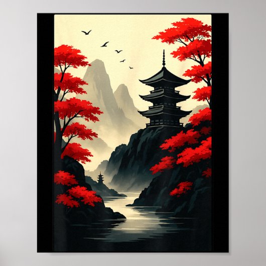 Cool Japanese Pagoda Castle Mountain Landscape Gra Poster (Voorkant)