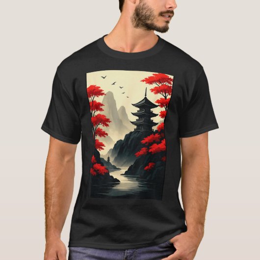 Cool Japanese Pagoda Castle Mountain Landscape Gra T-shirt (Voorkant)