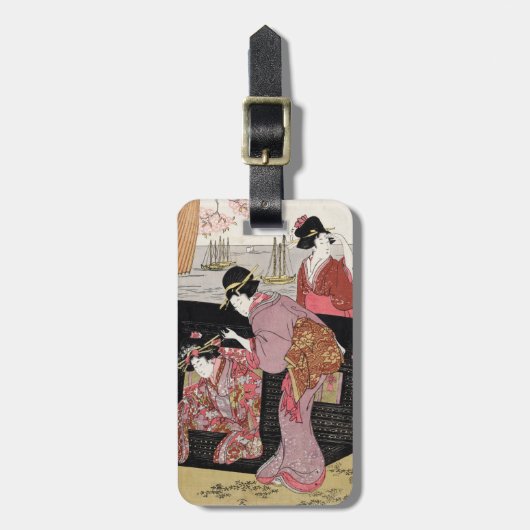 Cool japanese ukiyo-e trio geisha lady scroll bagagelabel (Voorkant verticaal)