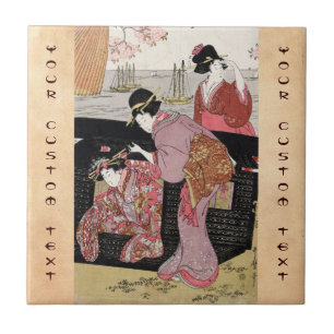 Cool japanese ukiyo-e trio geisha lady scroll tegeltje