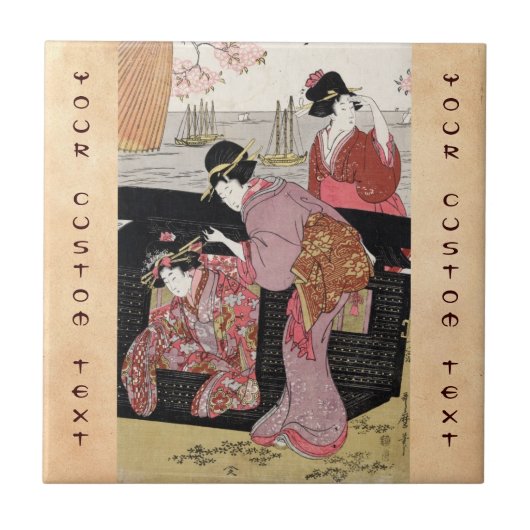 Cool japanese ukiyo-e trio geisha lady scroll tegeltje (Voorkant)