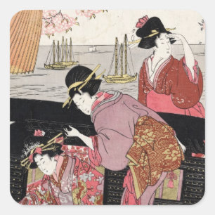 Cool japanese ukiyo-e trio geisha lady scroll vierkante sticker
