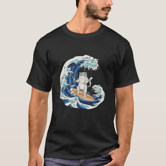 Cool Japanese Wave Cat Surfing T-shirt (Voorkant)
