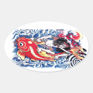 Cool Japans Samurai Koi Karper rood tattoo Ovale Sticker