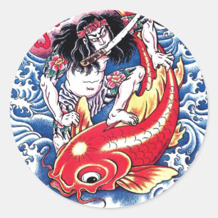 Cool Japans Samurai Koi Karper rood tattoo Ronde Sticker
