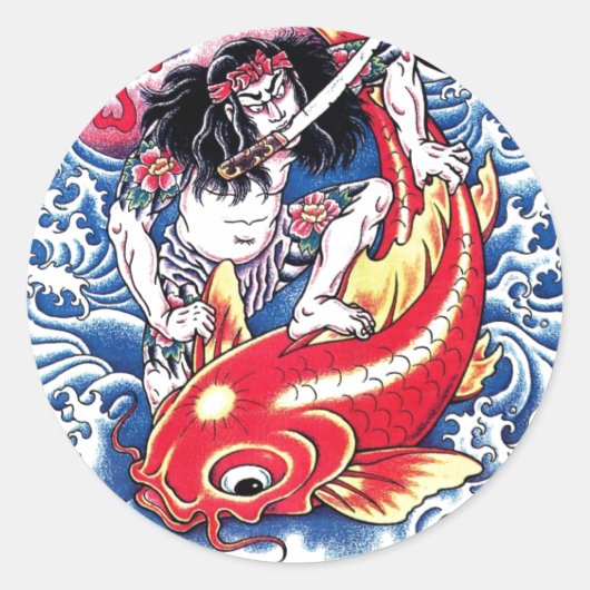 Cool Japans Samurai Koi Karper rood tattoo Ronde Sticker (Voorkant)